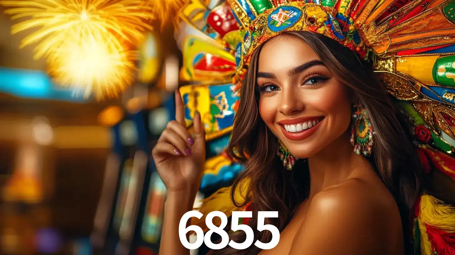Mulher sorridente com um cocar de carnaval vibrante e colorido, celebrando uma grande vitória nos jogos do cassino 6855 com fogos de artifício ao fundo.