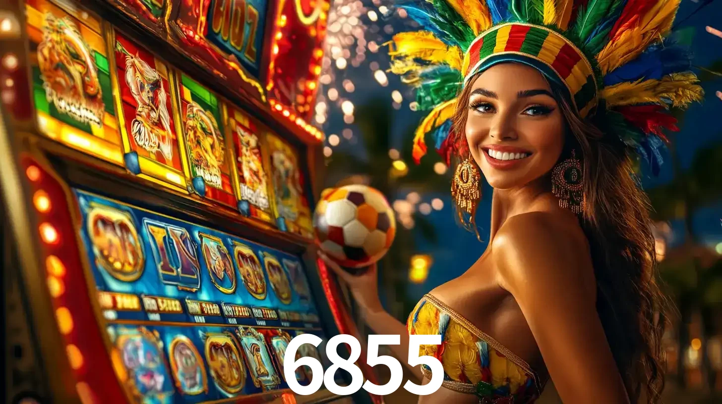 Mulher com um cocar de carnaval ao lado de uma máquina de caça-níqueis enquanto segura uma bola de futebol, mostrando a união da diversão de cassino e esportes no 6855.