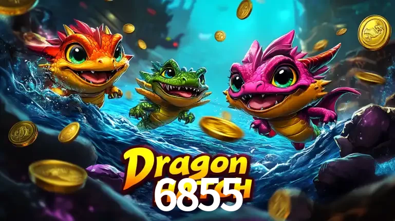 Arte promocional do jogo Dragon Hatch com três adoráveis dragões bebês nadando entre moedas de ouro, um dos slots mais divertidos para jogar no cassino 6855.