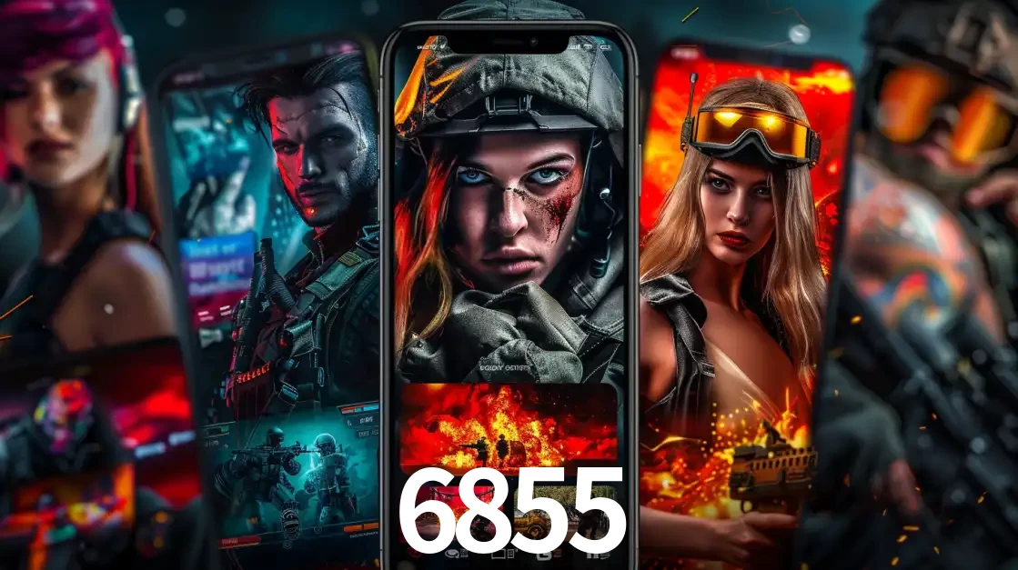 Montagem de telas de celular mostrando diversos personagens, masculinos e femininos, de um jogo de tiro, ilustrando a diversidade de equipes de e-sports para apostar no 6855.