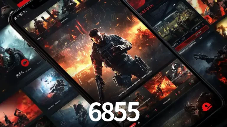 Tela de um celular exibindo uma galeria de jogos de tiro com temática militar, mostrando a variedade de e-sports disponíveis para apostas na plataforma de entretenimento 6855.