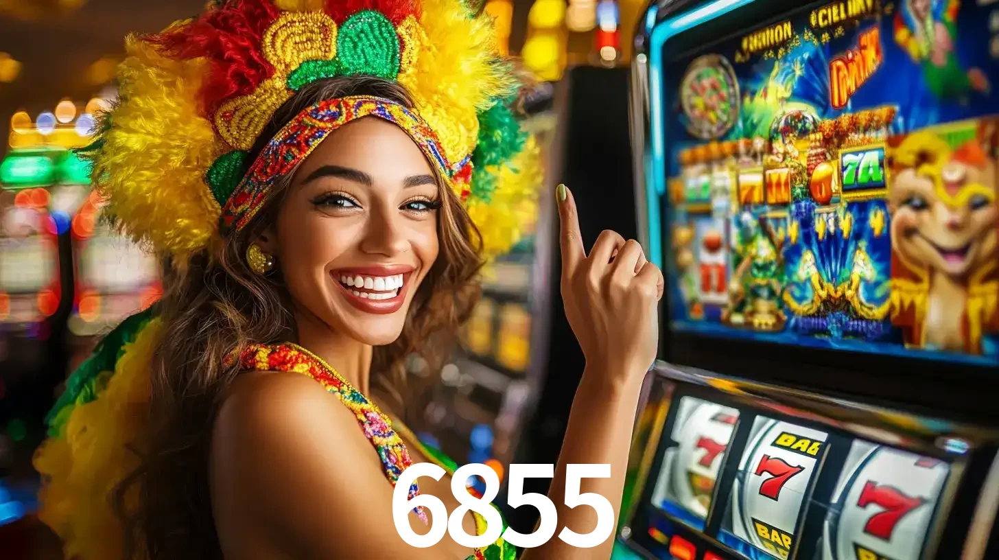 Mulher animada com um cocar de carnaval apontando para uma máquina de caça-níqueis, mostrando a emoção de ganhar um grande prêmio nos jogos do 6855.