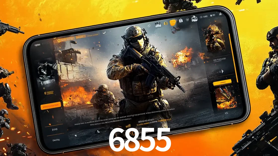 Um smartphone exibindo a interface de um jogo de tiro em primeira pessoa, com um soldado em um cenário de batalha, representando a ação dos e-sports para apostar no 6855.