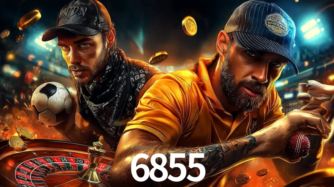 Montagem de apostas esportivas e cassino no 6855, com um homem segurando uma bola de futebol e outro uma de beisebol sobre uma roleta e moedas voadoras.