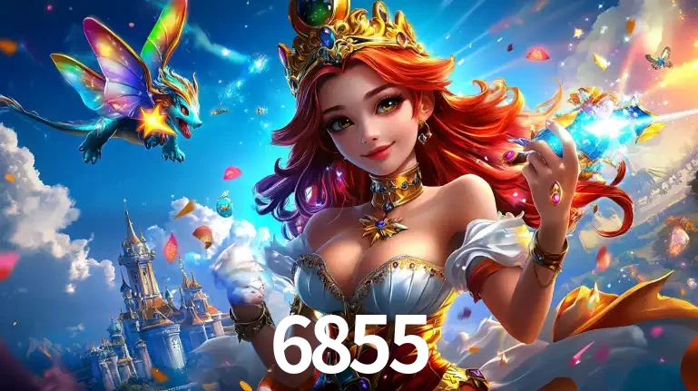 A princesa de um reino de fantasia mágico, com seu pequeno dragão, apresentando um mundo de prêmios encantados nos jogos de caça-níqueis do cassino 6855.