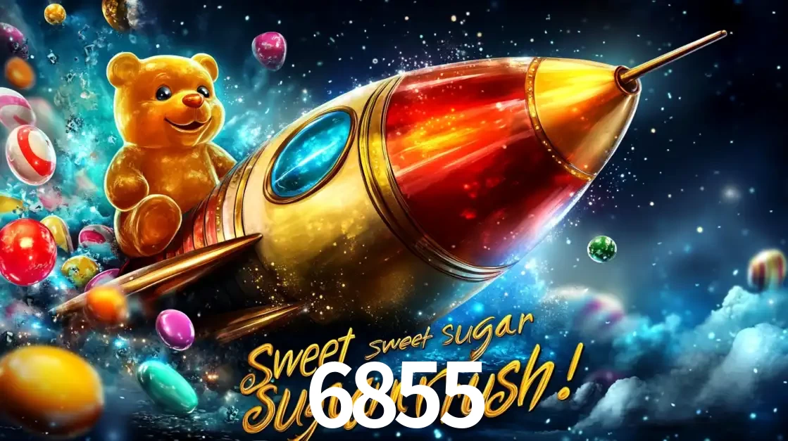 Arte promocional do jogo de slot Sugar Rush, com um urso de pelúcia em um foguete viajando pelo espaço de doces, um dos jogos divertidos disponíveis no cassino 6855.