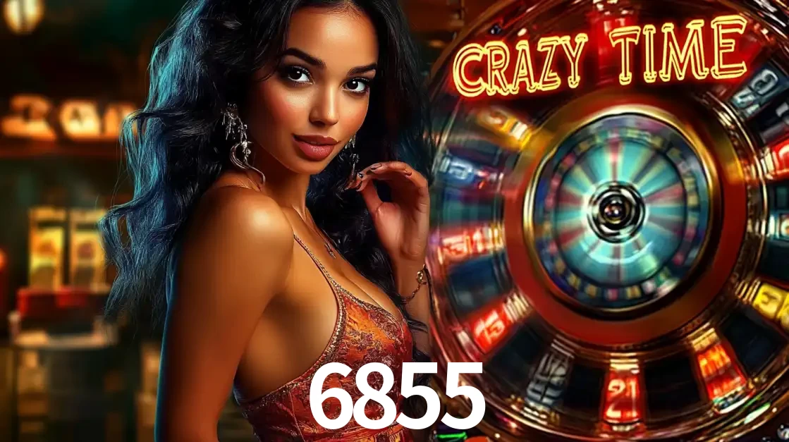 Mulher elegante ao lado da vibrante roda da fortuna do jogo de cassino ao vivo Crazy Time, um dos game shows mais populares e cheios de prêmios do 6855.