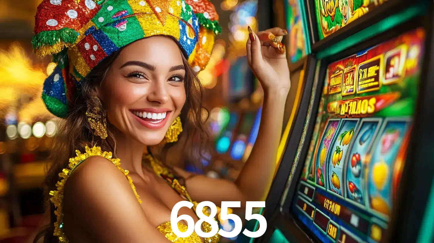 Mulher feliz com traje de carnaval amarelo e colorido ao lado de uma máquina de caça-níqueis, aproveitando a diversão e os jogos temáticos do cassino 6855.