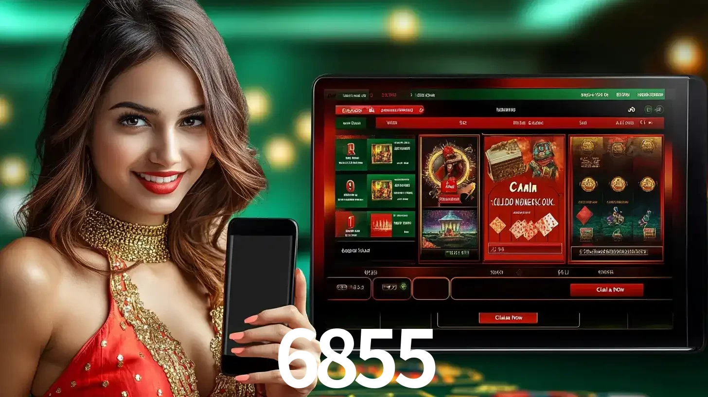 Mulher sorridente segurando um smartphone, ao lado de uma tela exibindo o lobby de jogos do cassino online 6855, com várias opções de jogos de cartas e slots.